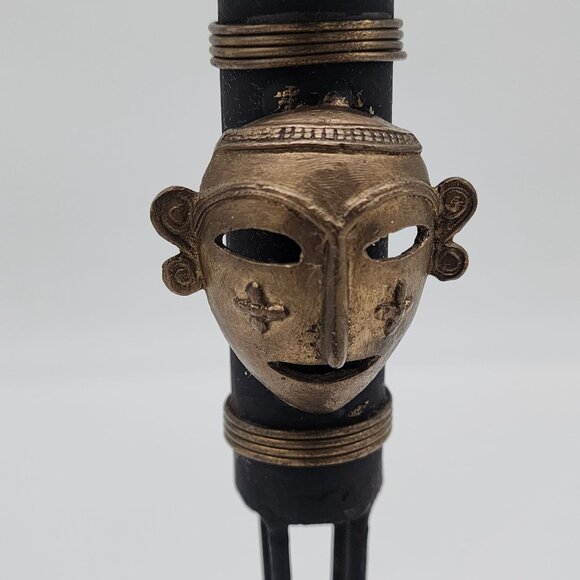 Handcrafted African Tribal Mask Inspired Metal Candle Holder Brass Metal 9" - Picture 3 of 8